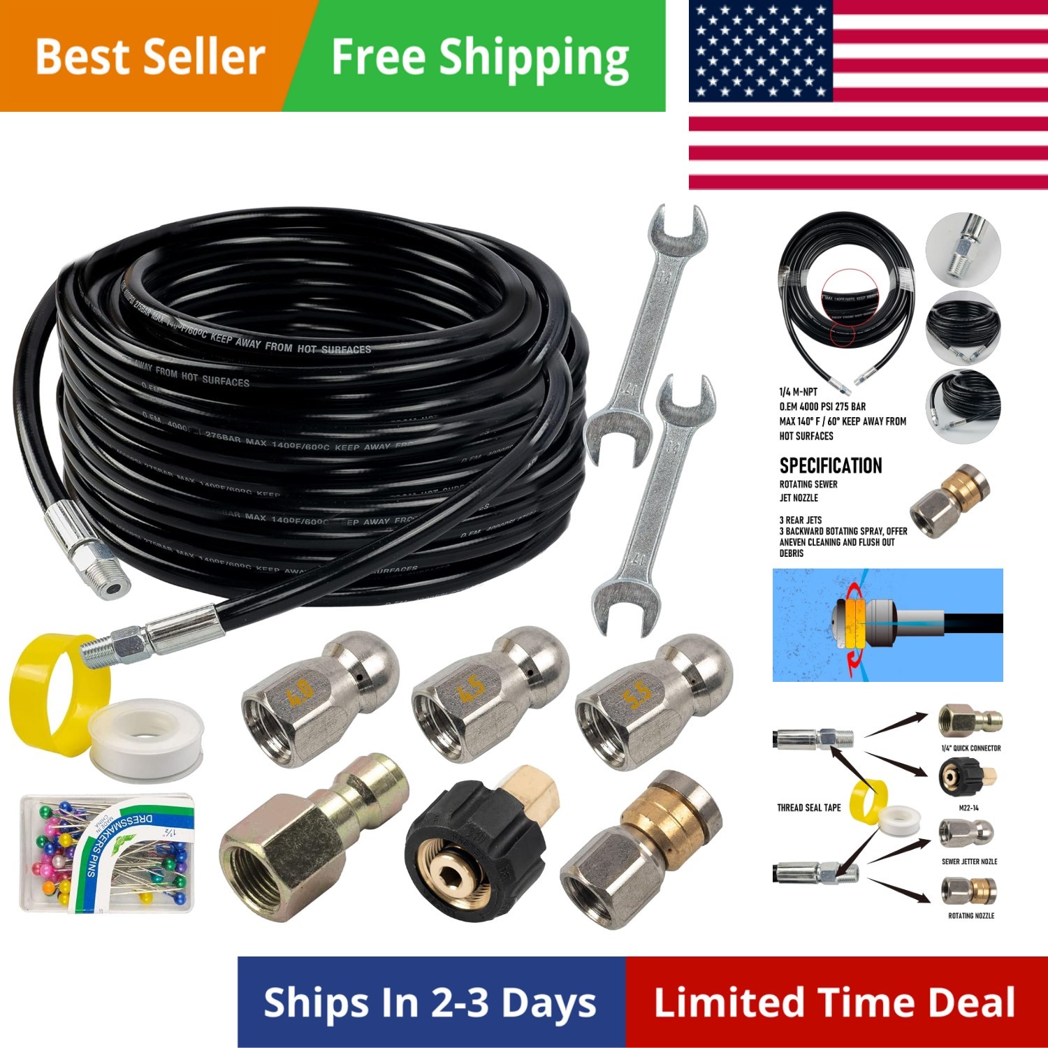 Sewer Jetter Kit for Pressure Washer 50FT, Drain Cleaner Hose 1/4 Inch NPT, O…