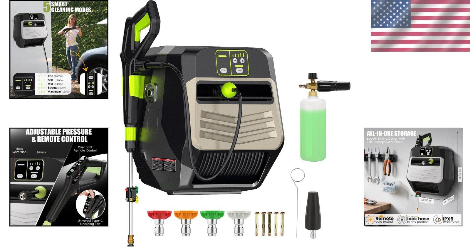 5-Level Adjustable Pressure Washer – 5500 PSI with Kink-Resistant 100FT Hose