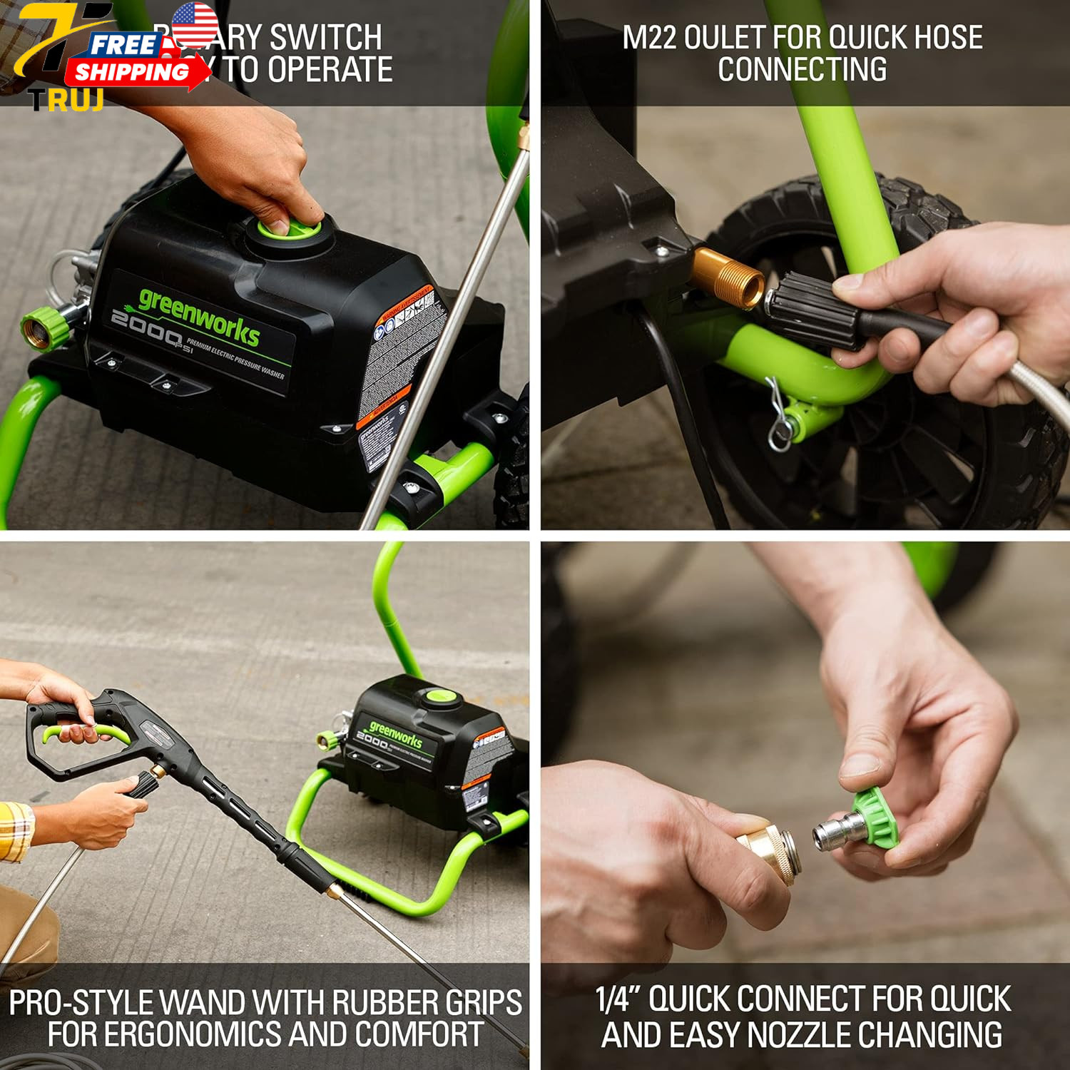 Greenworks 2000 PSI (13 Amp) Electric Pressure Washer (Wheels For Transport / 20
