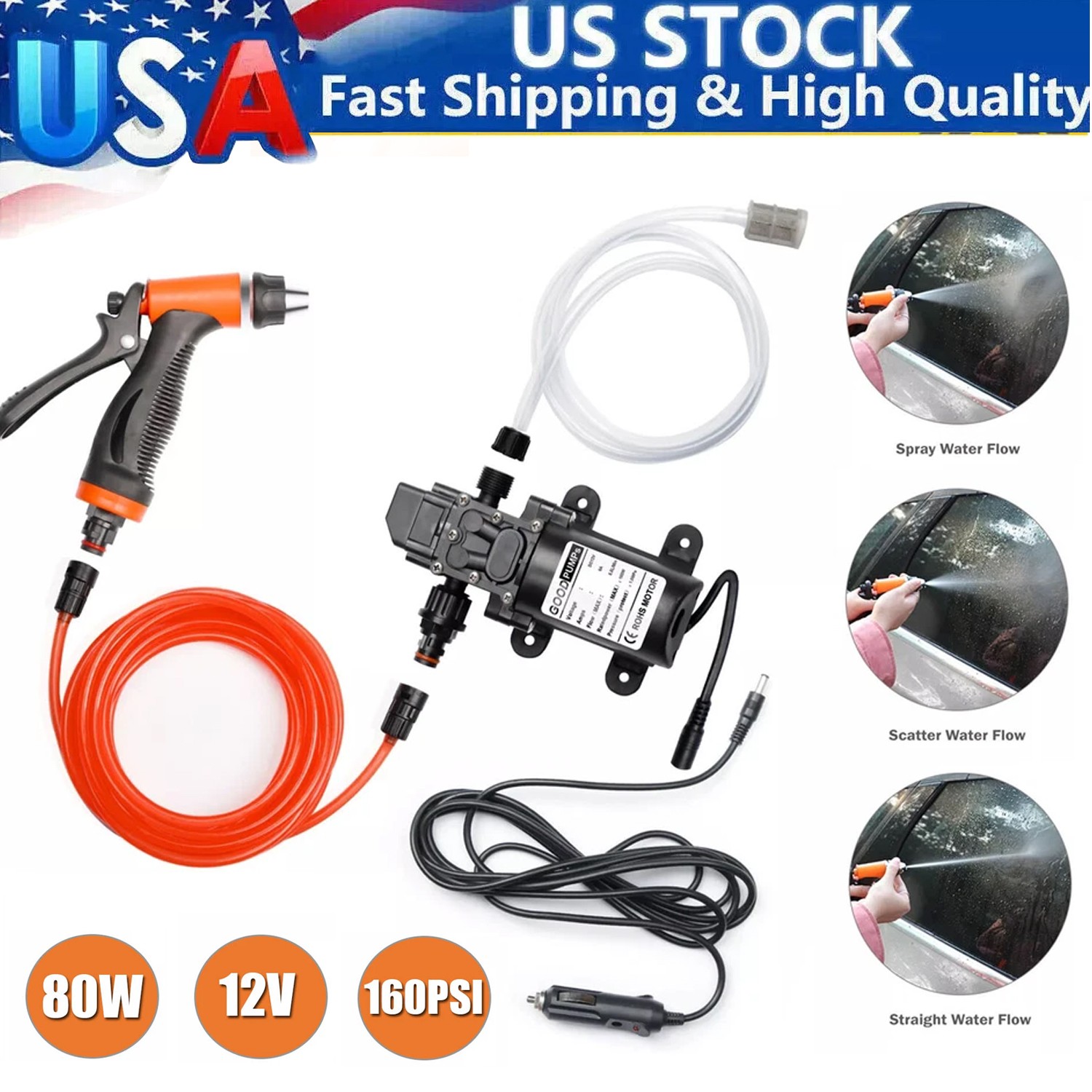 12V 160PSI Washdown Wash Pump Kit Electric DIY Car Washer Cleaner Sprayer Tool