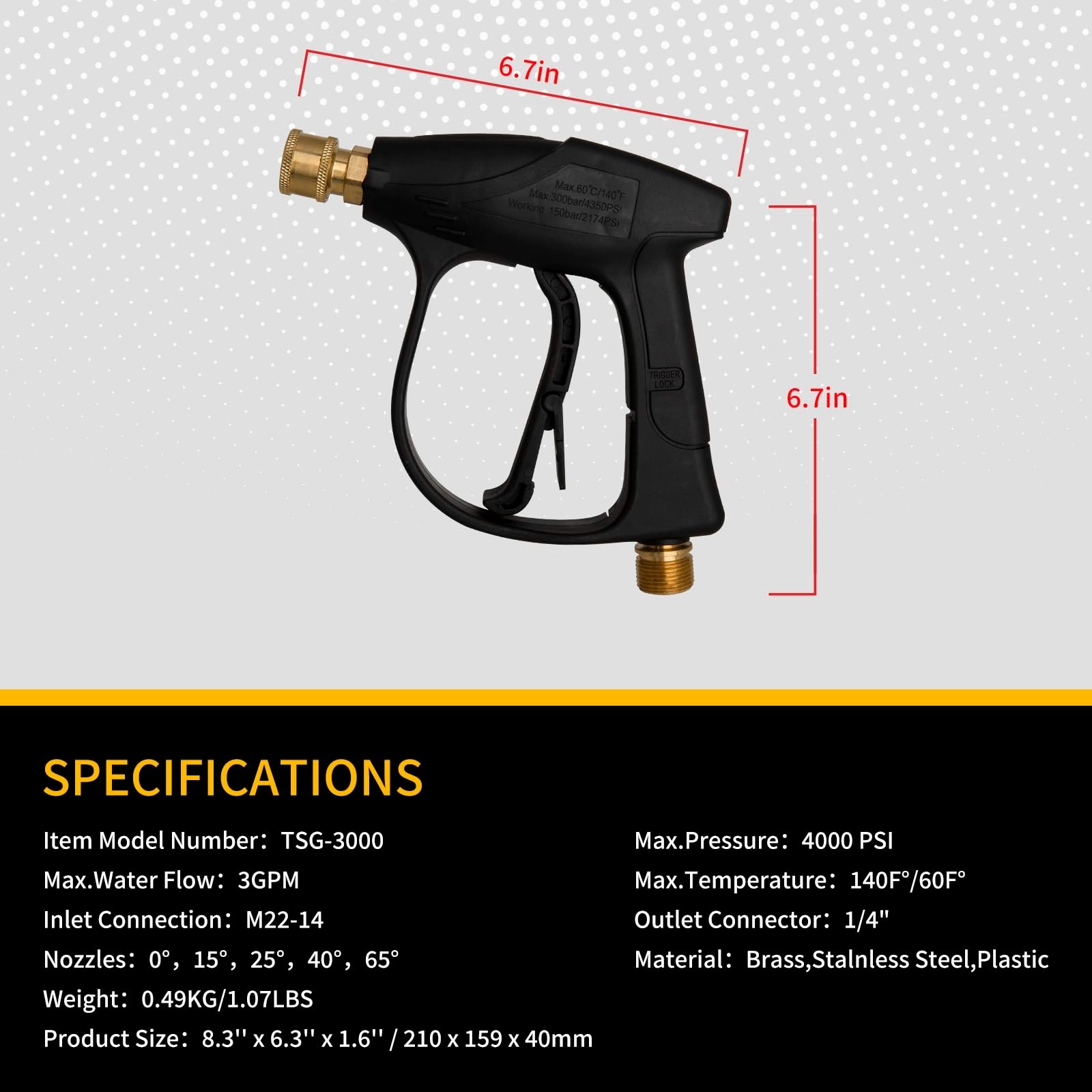 High-Pressure Washer Gun 4350 PSI, 1/4″ Quick Connector, 5 Nozzle Tips, M22 Fitt