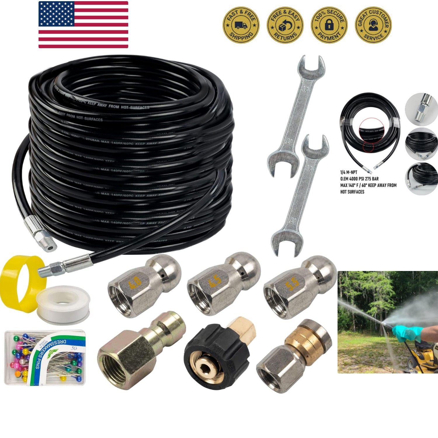 Versatile 100FT Pressure Washer Sewer Jet Kit – 4 Nozzles for Ultimate Cleaning