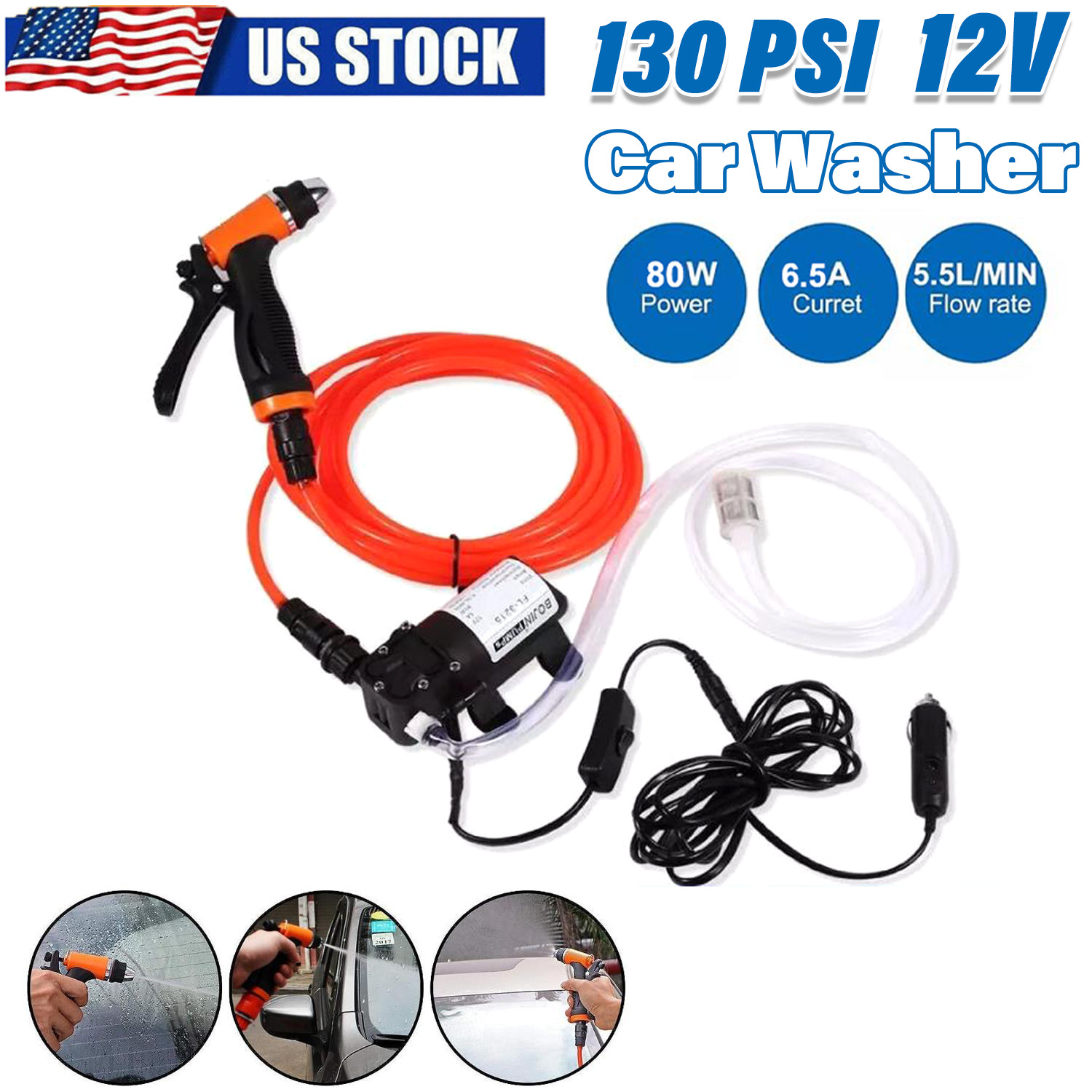 12V 80W Spray Gun 130PSI High Pressure Electric Car Washer Hose Water Pump Kit