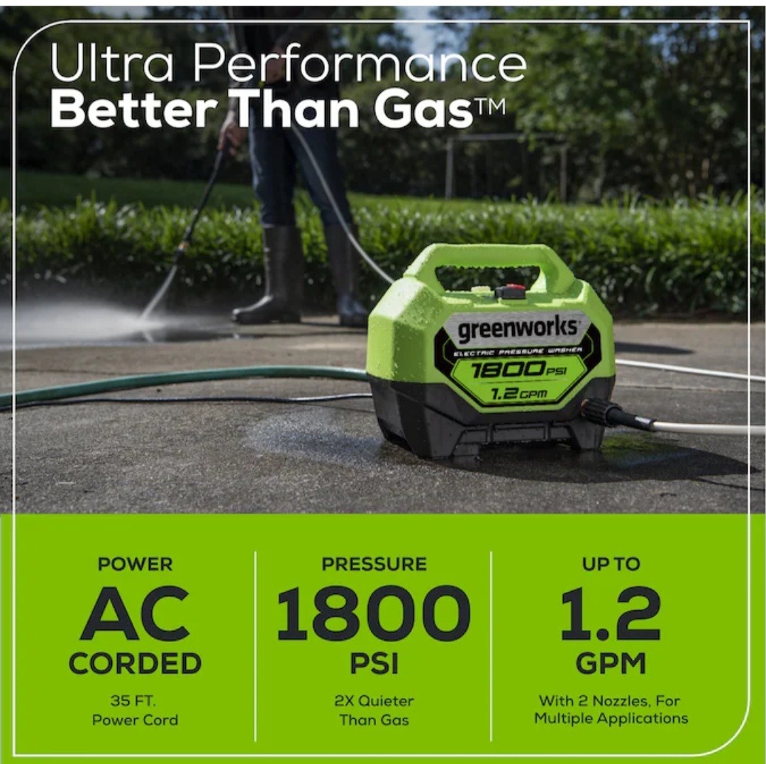 Greenworks GPW1805, 1800-PSI 1.2-GPM Cold Water Electric Pressure Washer, 2 Tip
