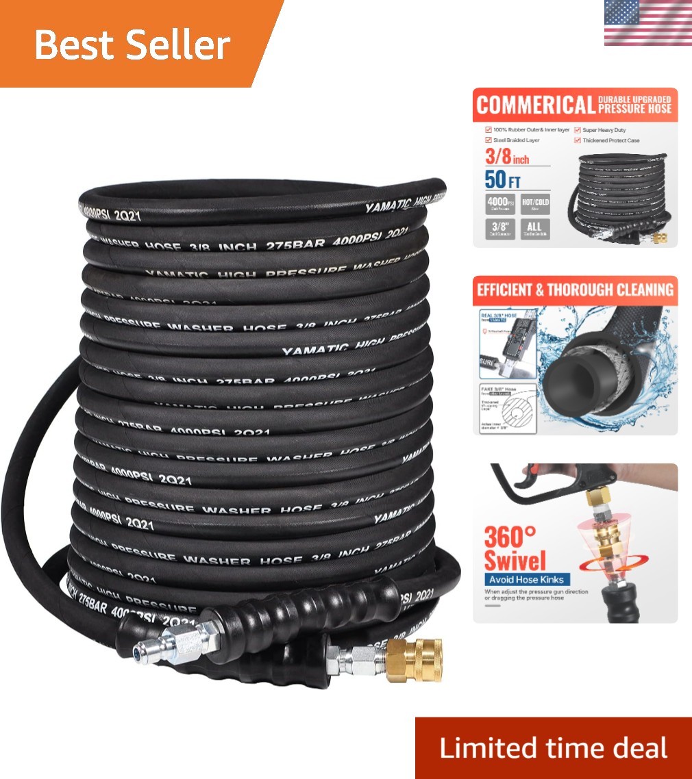 50FT 3/8″ Heavy-Duty Pressure Washer Replacement Hose – Brass & Rubber Design