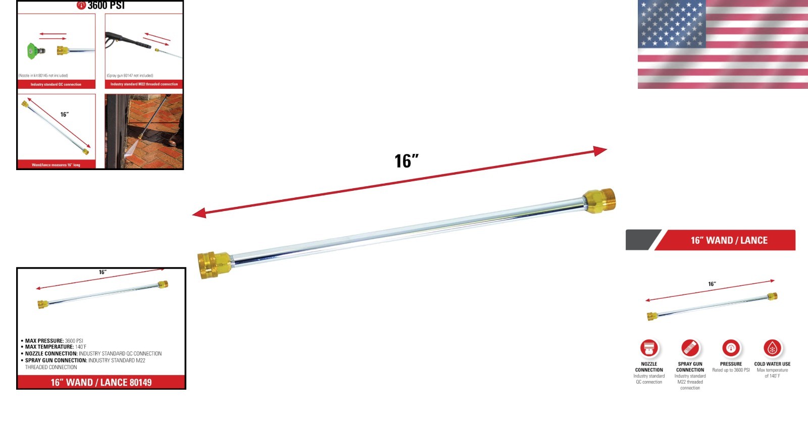 Universal 16-Inch Pressure Washer Wand for Cold Water Use – 3600 PSI Performance