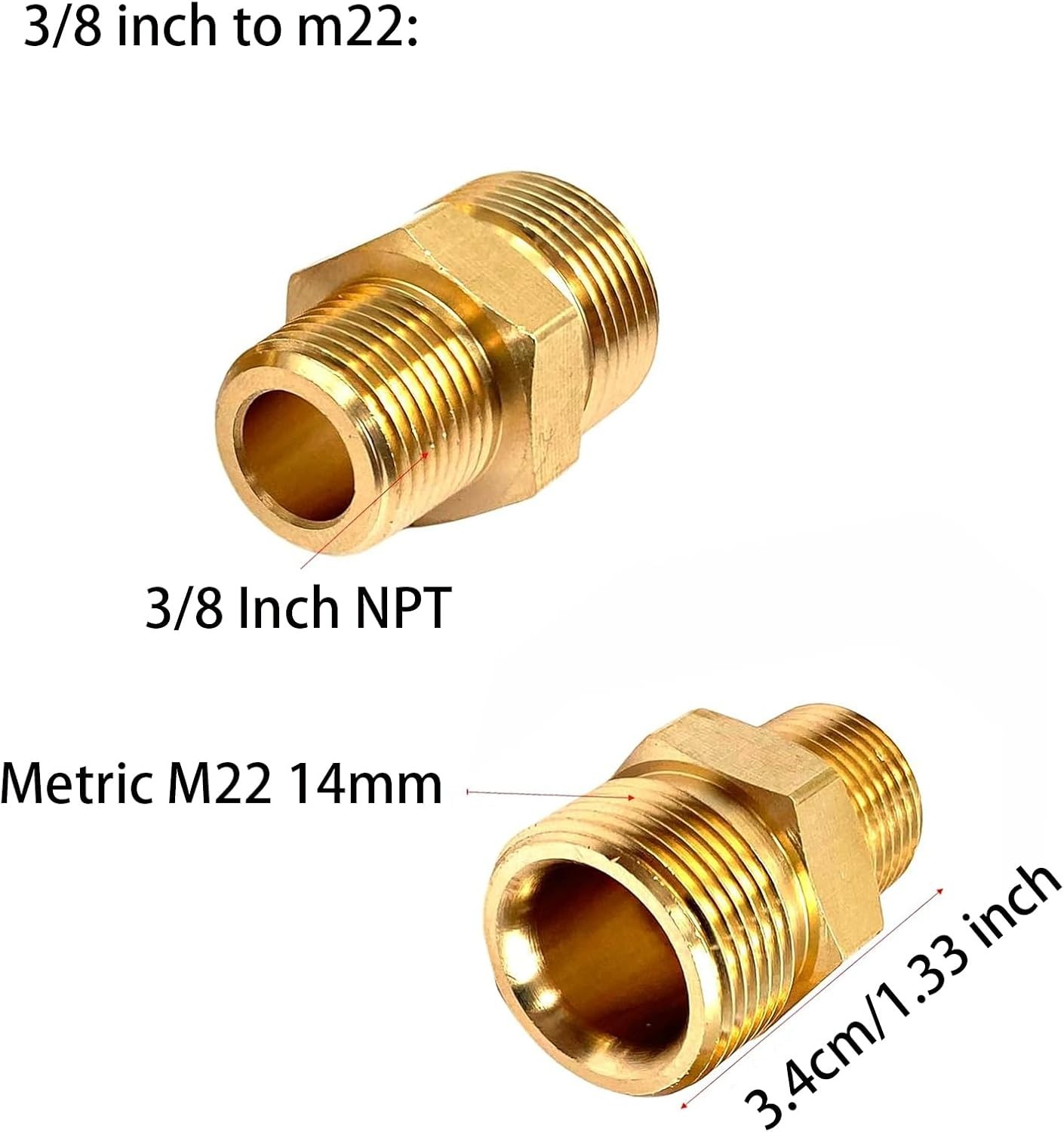 2 Pcs M22 Pressure Washer Fittings, Brass 3/8 Inch NPT Male to Metric M22 14mm M