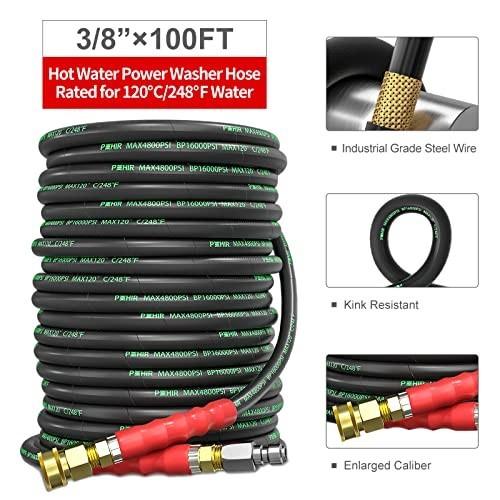 Pressure Washer Hose 100 ft 3/8 Inch Hot Cold Water 4800 PSI Quick Connect