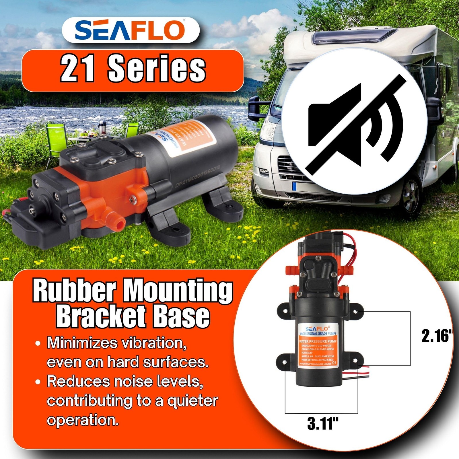 12V Diaphragm Water Pump 1.2 GPM 35 PSI Self Priming Quiet RV Boat