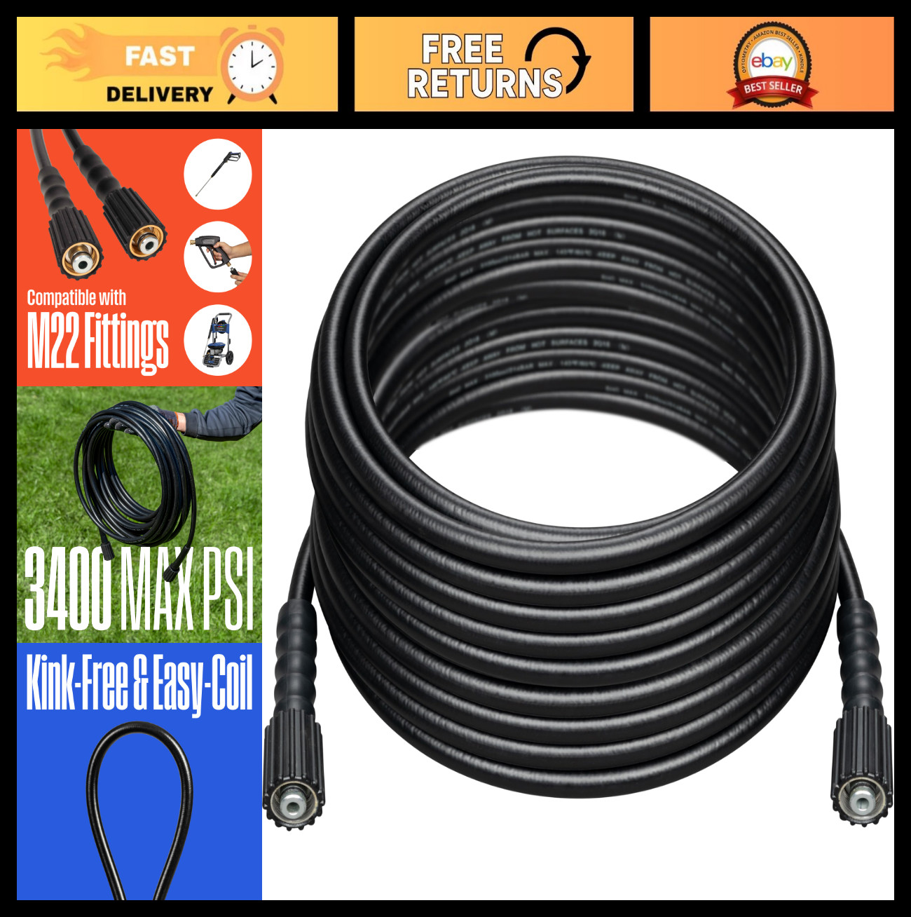 50ft PVC Pressure Washer Hose – 3400 PSI Max – Compatible with Gas & Electric Wa