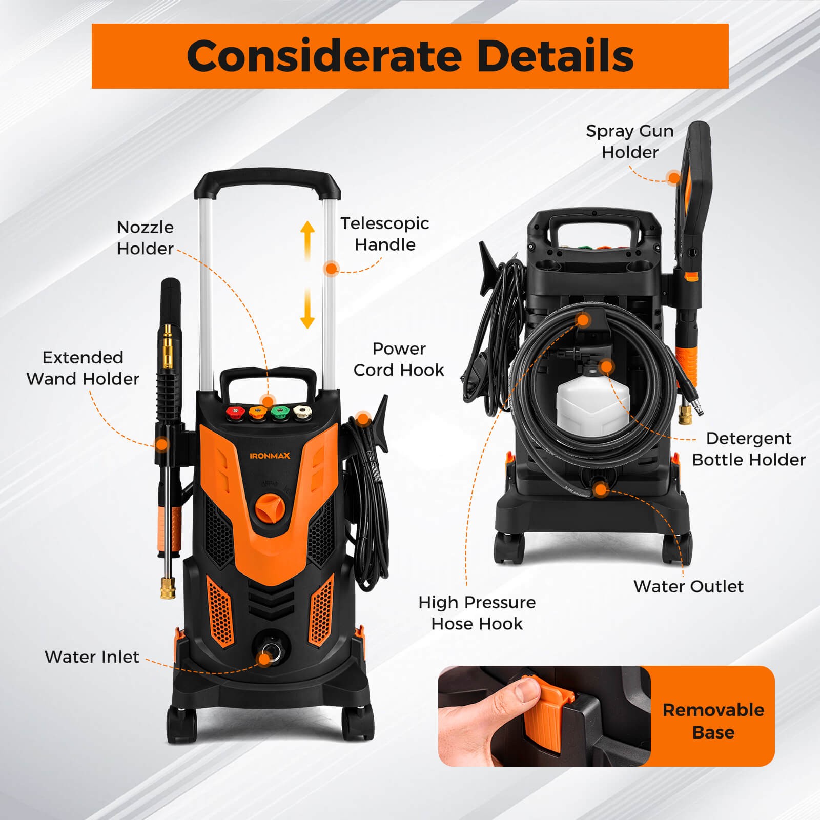 Electric Pressure Washer w/ 4 Nozzles & Soap Bottle Lockable Wheels for Cleaning