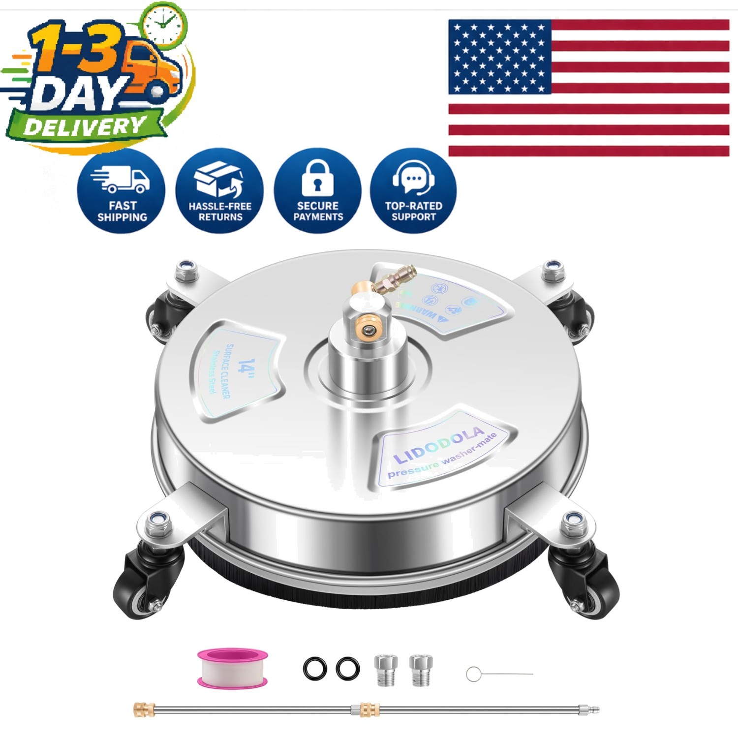 Universal 14″ Stainless Steel Surface Cleaner – Complete Accessory Set Included