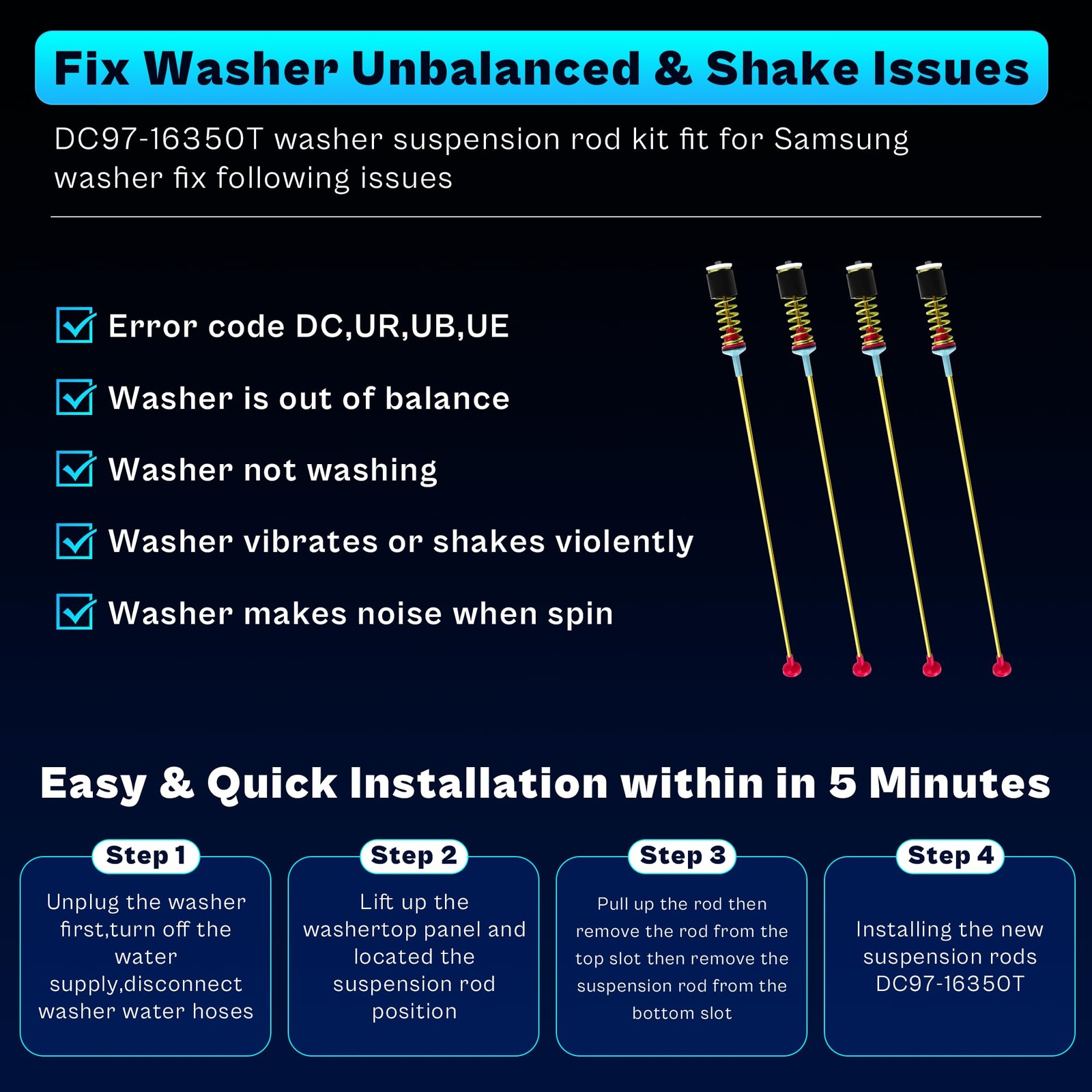Upgraded DC9716350U WA45T3400AP/A4 DC9716350T WA50T5300AC Washer Suspension R…
