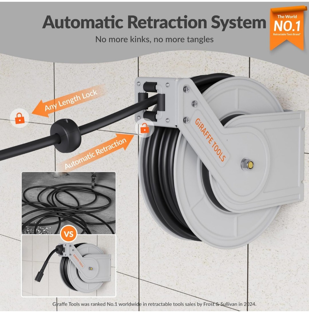Giraffe Tools 3200PSI Pressure Washer Hose Reel 1/4″ x 65 ft Retractable Hose