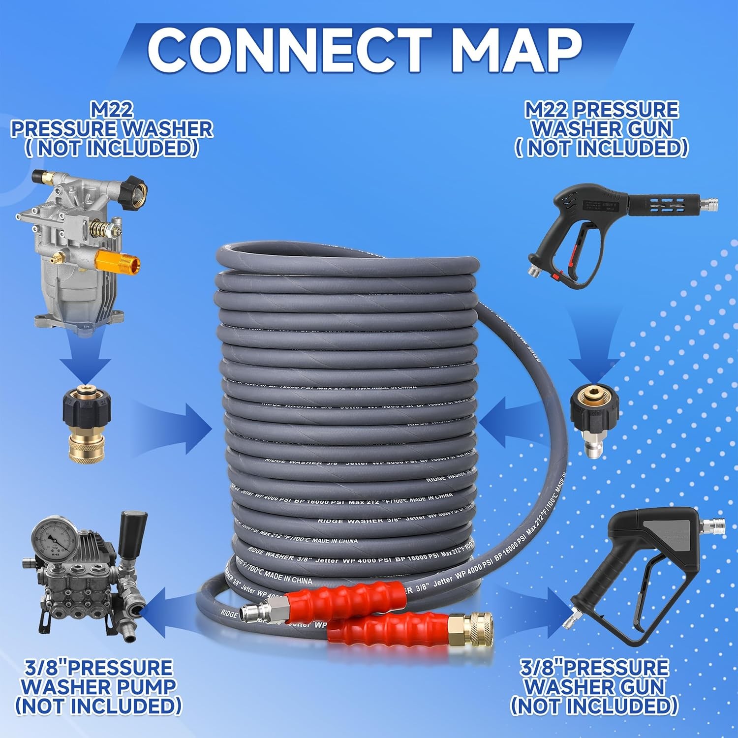 100ft x 3/8in Pressure Washer Hose 4000 PSI Gray