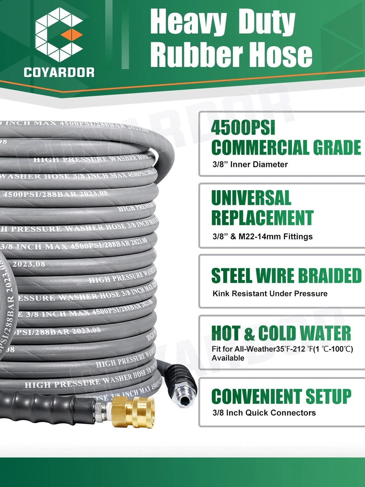 COYARDOR 4500 psi High Power Washer Hose 3/8″ for Hot Water, Non Marking Rubber