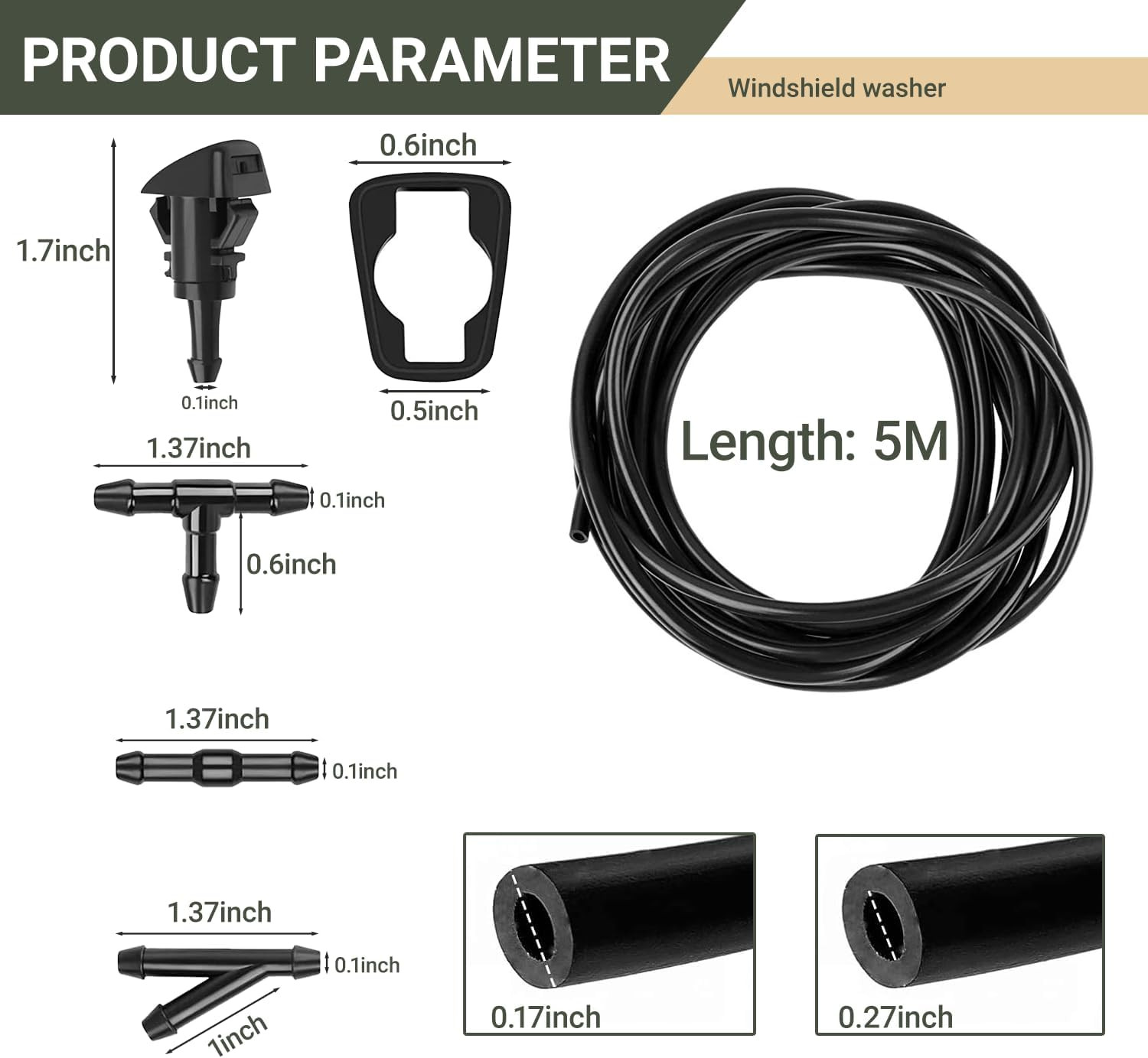 Windshield Washer Hose Kit 5M Fluid Tubing with Connectors Nozzles Set