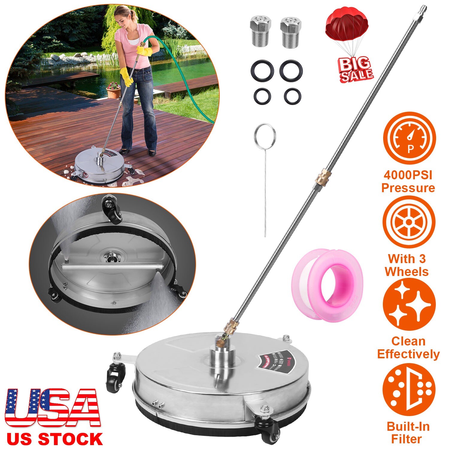 15″ Surface Cleaner 4000PSI Stainless Steel Pressure Washer W/ 3 Wheels& 2 Wands