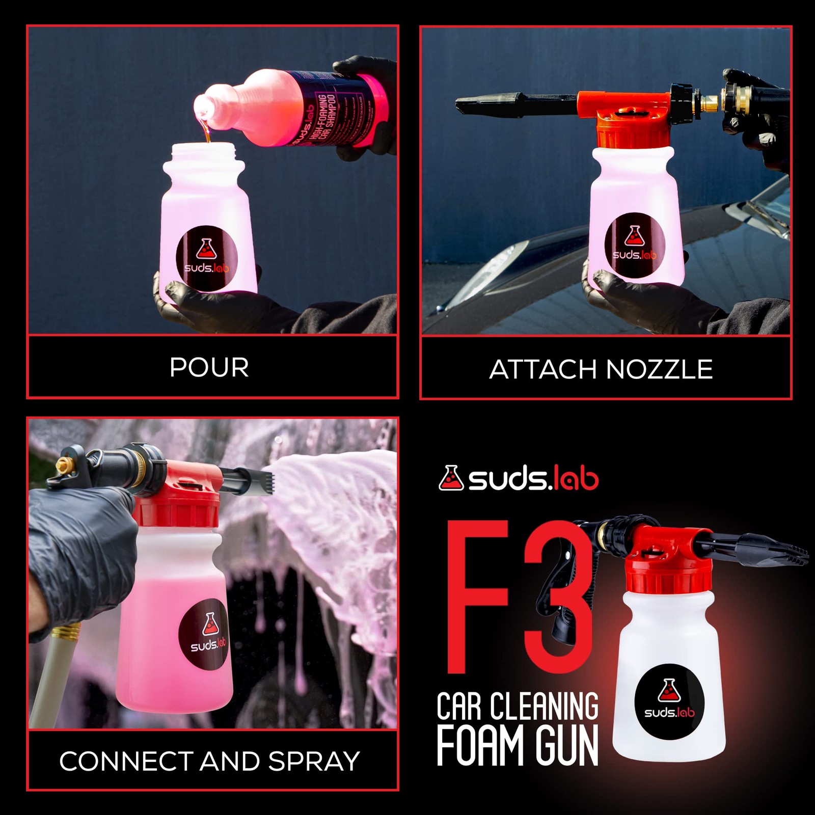 Suds Lab F3 Car Cleaning Foam Gun, Adjustable Foam Nozzle, Connect to Any Gar…