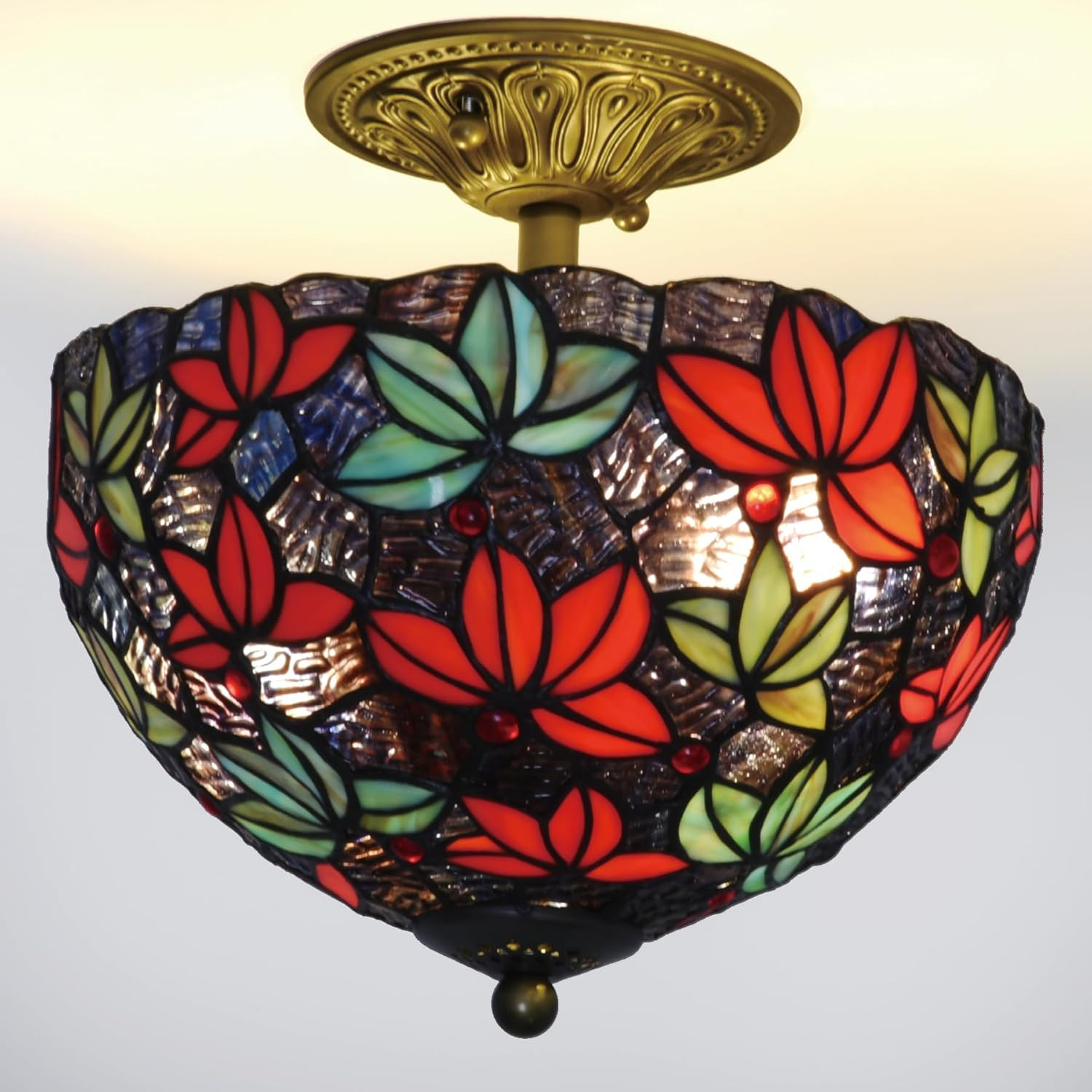 Vintage Tiffany Semi Flush Mount Light – Purple Blue Maple Leaf Design