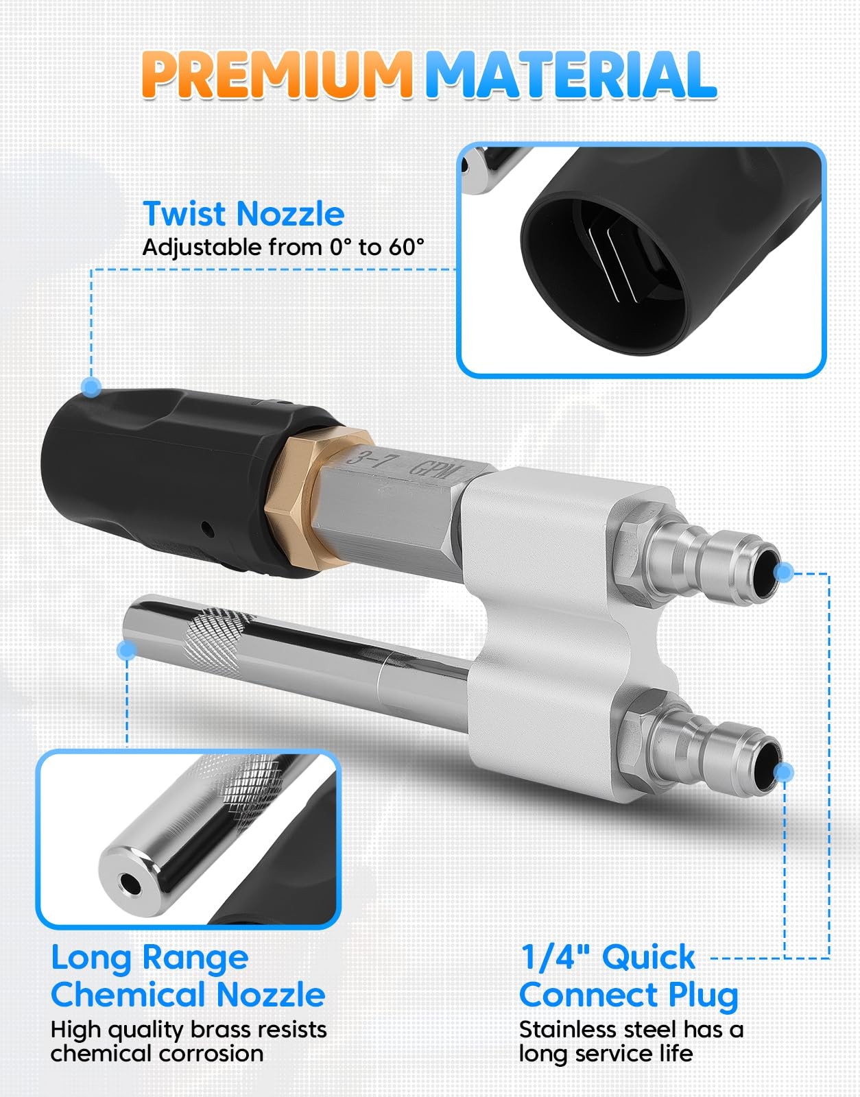 Adjustable Soft Wash Nozzle 2 in 1 M5 Tip Twist for 3-7 GPM Pressure Washer 1/4″