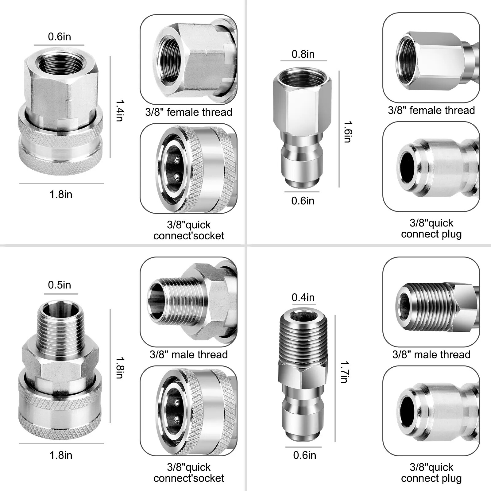 4Pcs 3/8″ NPT Stainless Steel Quick Connect Fitting Pressure Washer Adapter Set