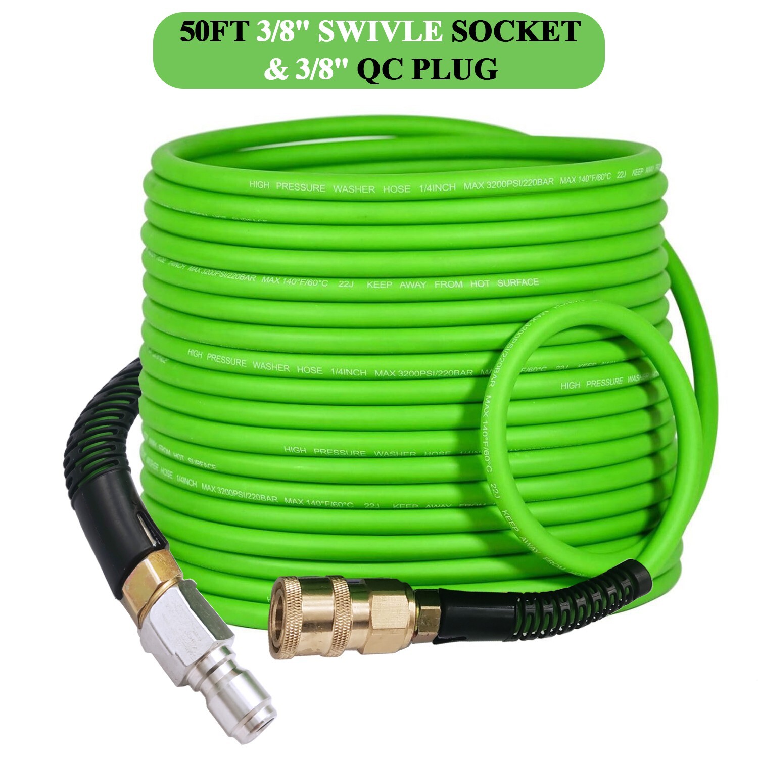Super Flexible High Pressure Washer Hose 1/4″, 3/8 Inch Swivle Quick Connect 50′