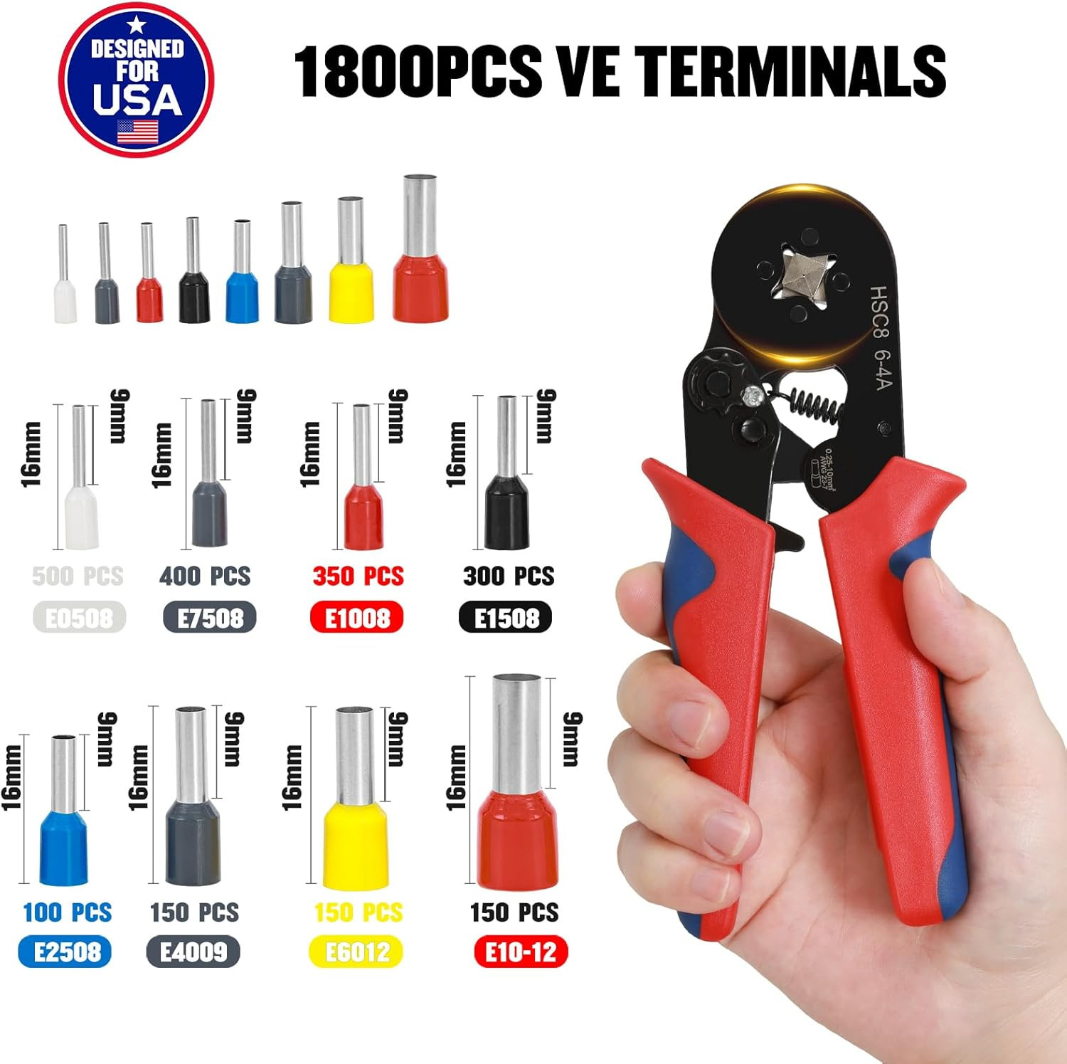 Ferrule Crimping Tool Kit with 1800PCS Wire Ferrules and Ratchet Crimper