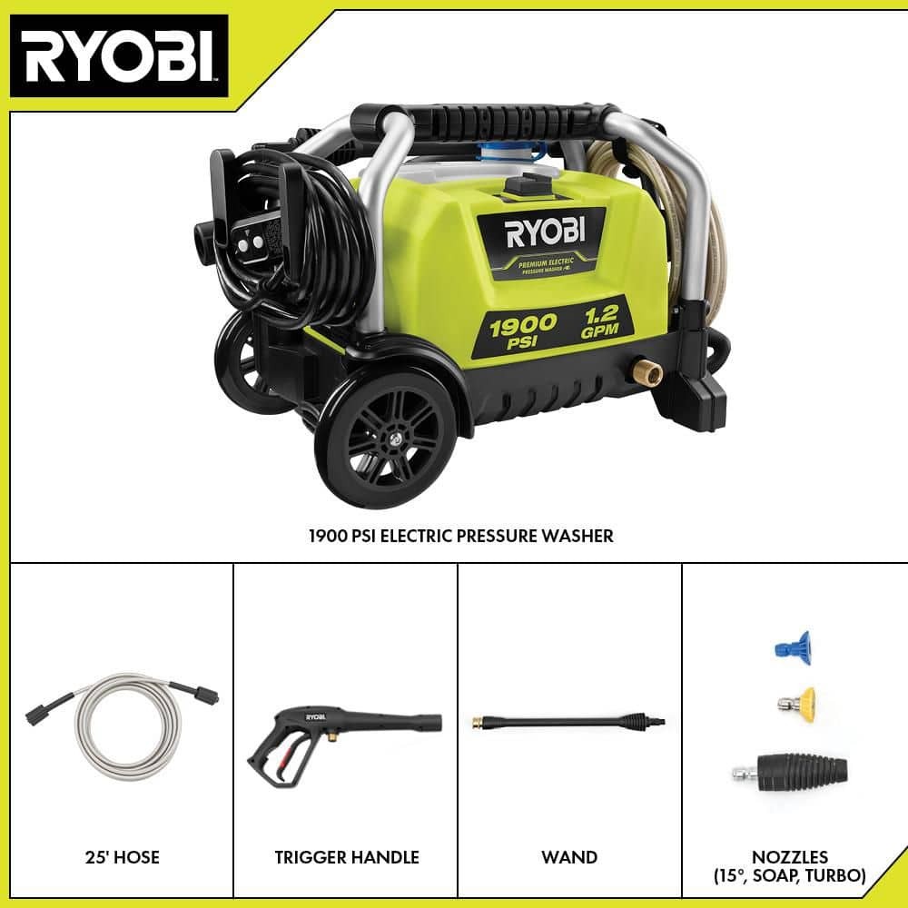 RYOBI 1900 PSI 1.2 GPM Cold Water Wheeled Corded Electric Pressure Washer