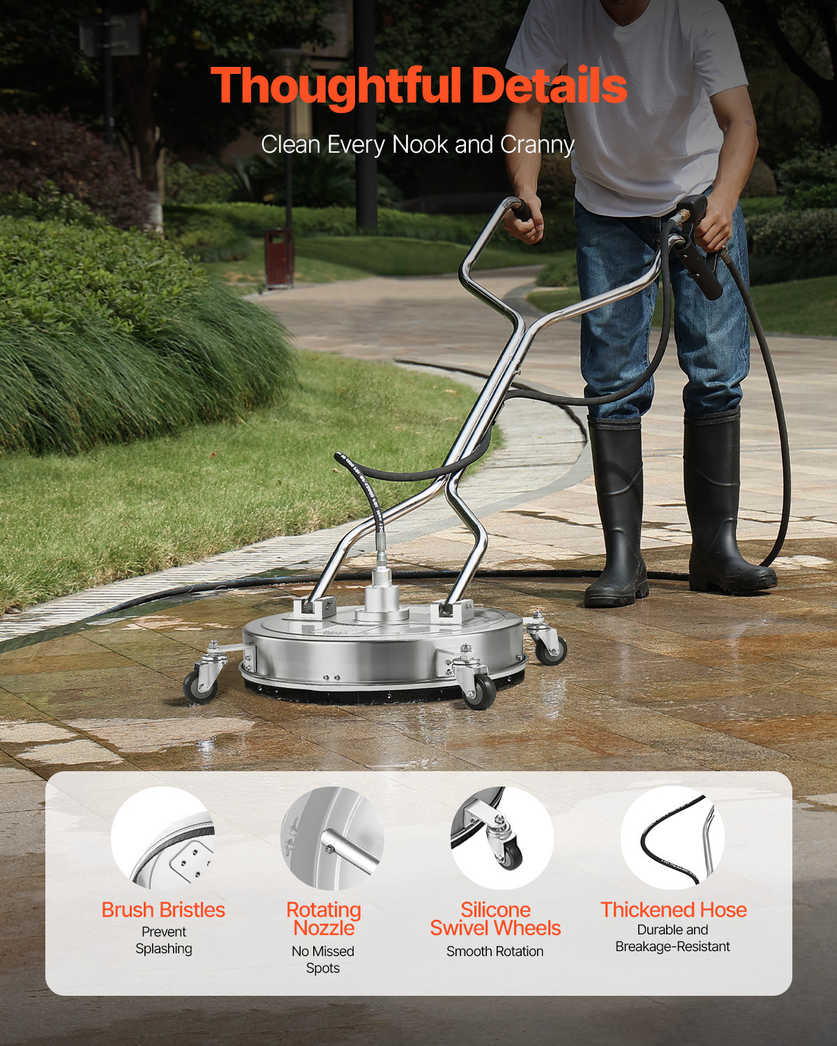 VEVOR 21″ Pressure Washer Surface Cleaner 4 Wheels Dual Handle 4500 Max PSI