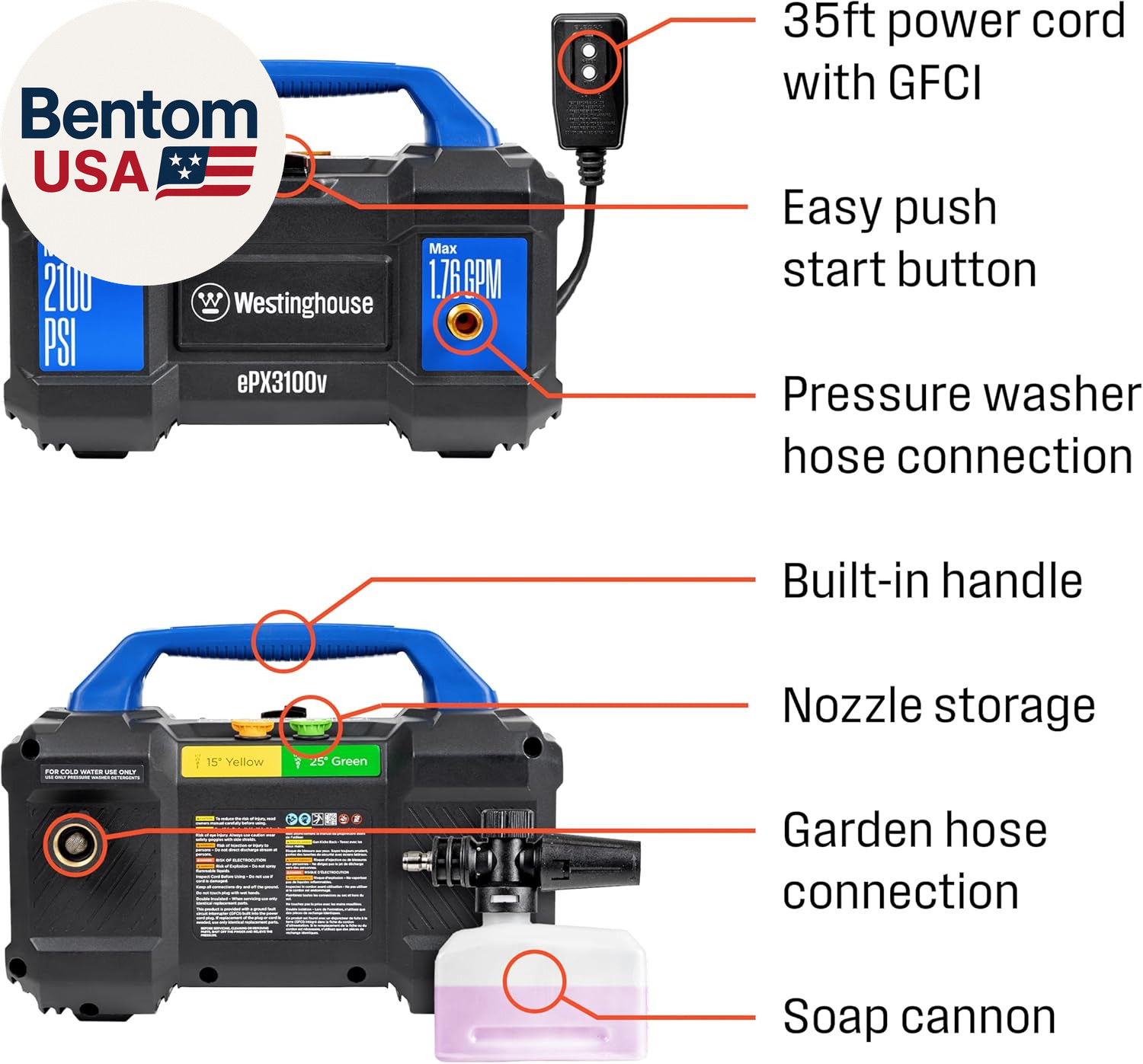 Westinghouse Epx3100V Electric Pressure Washer, 2100 Max PSI 1.76 Max GPM, Built