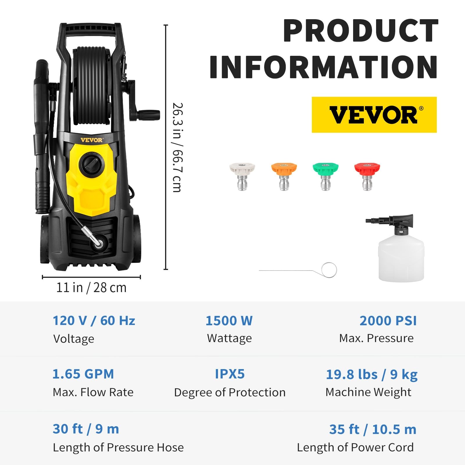 VEVOR Electric Pressure Washer, 2000 PSI, Max 1.65 GPM Power Washer w/ 20 ft …
