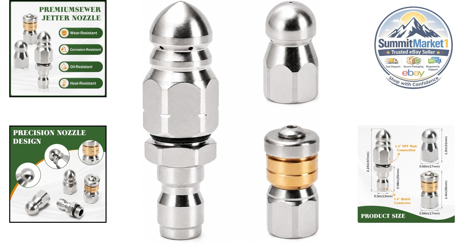 Sewer Jetter Nozzle Kit, 3-Pack, 1/4” Quick Connect, 5000 PSI