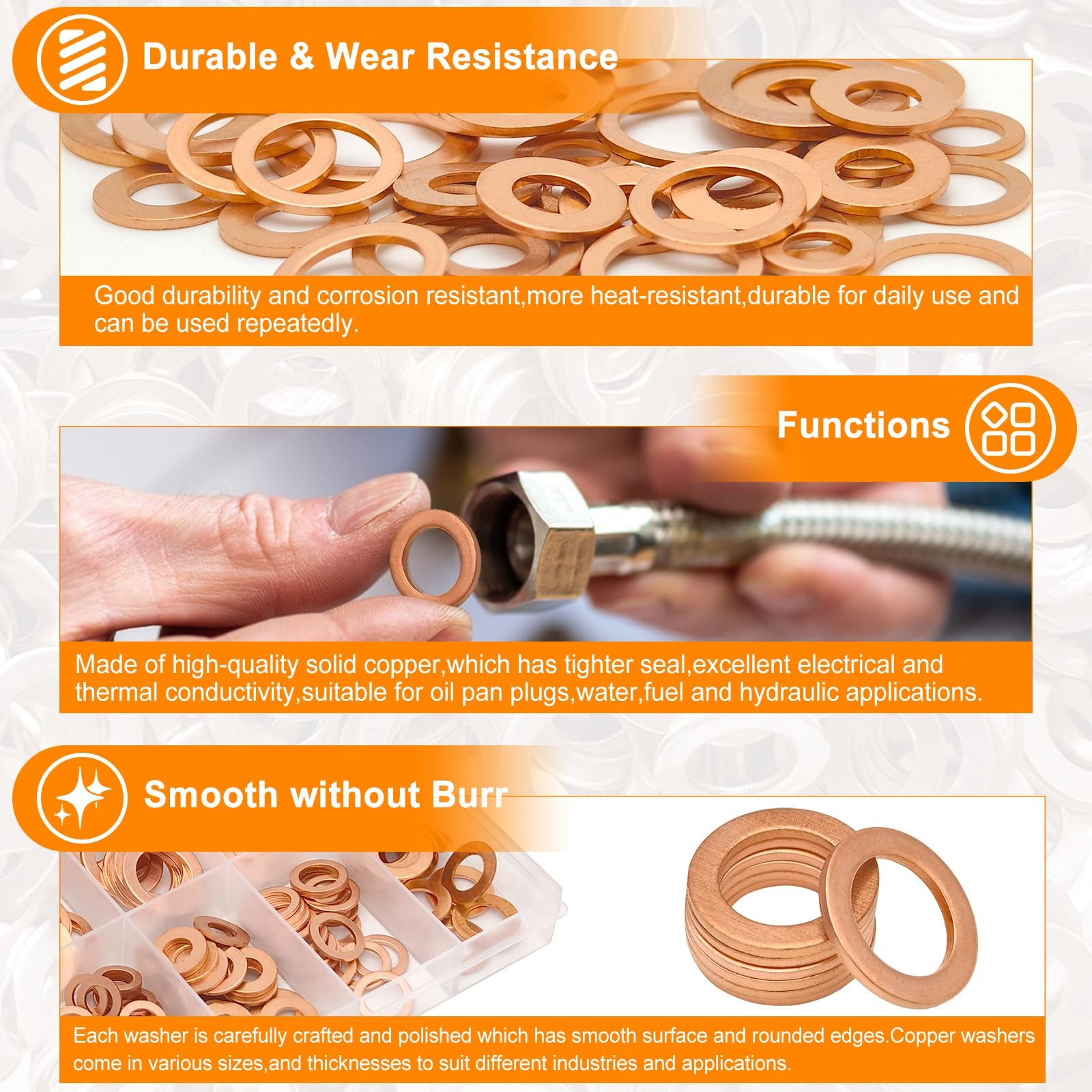 200 Pcs 9 Sizes Copper Metric Sealing Crush Washers Assortment Kit for Most Cars