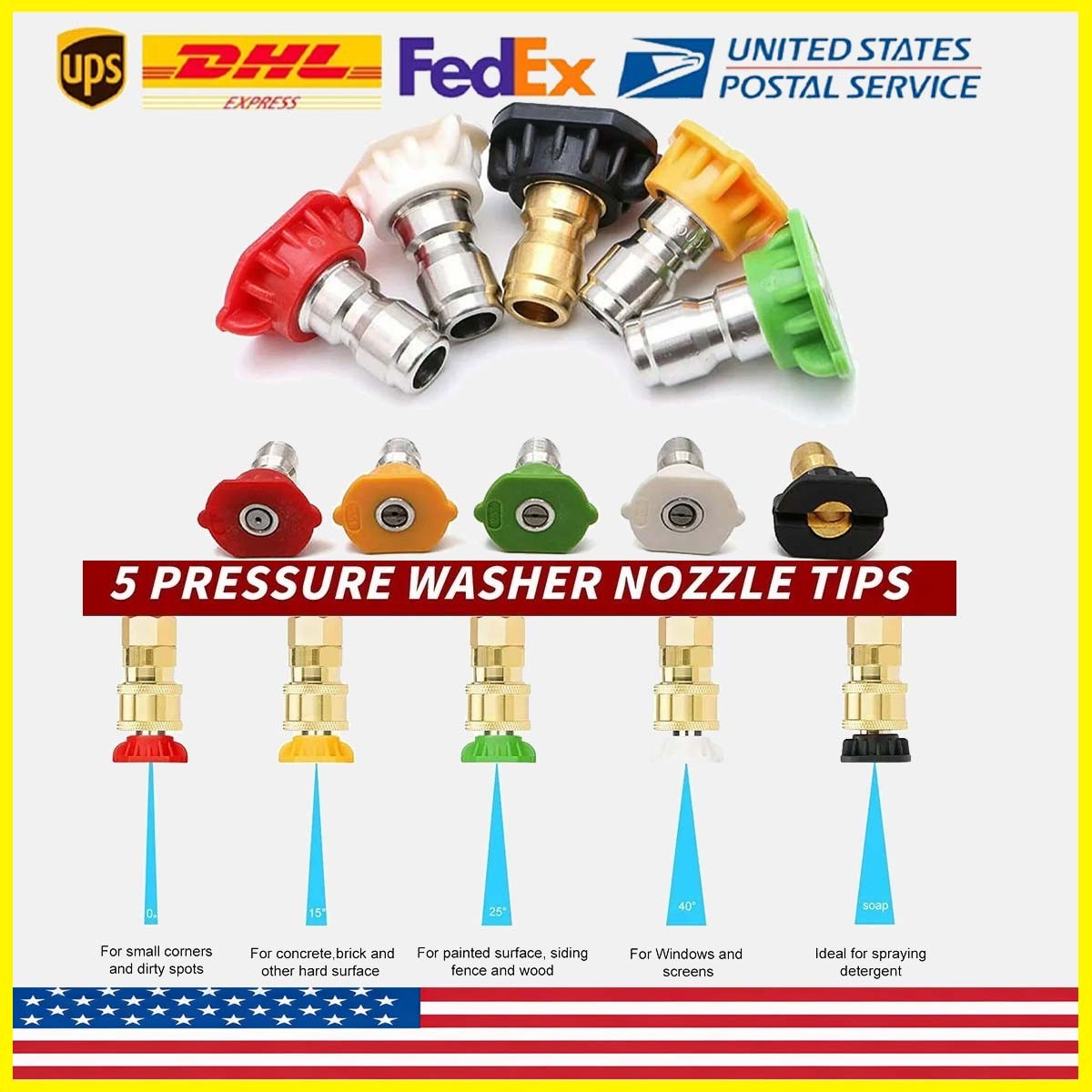 5X Pressure Washer Spray Nozzle Set Quick Connect 1/4″ High Power Tips