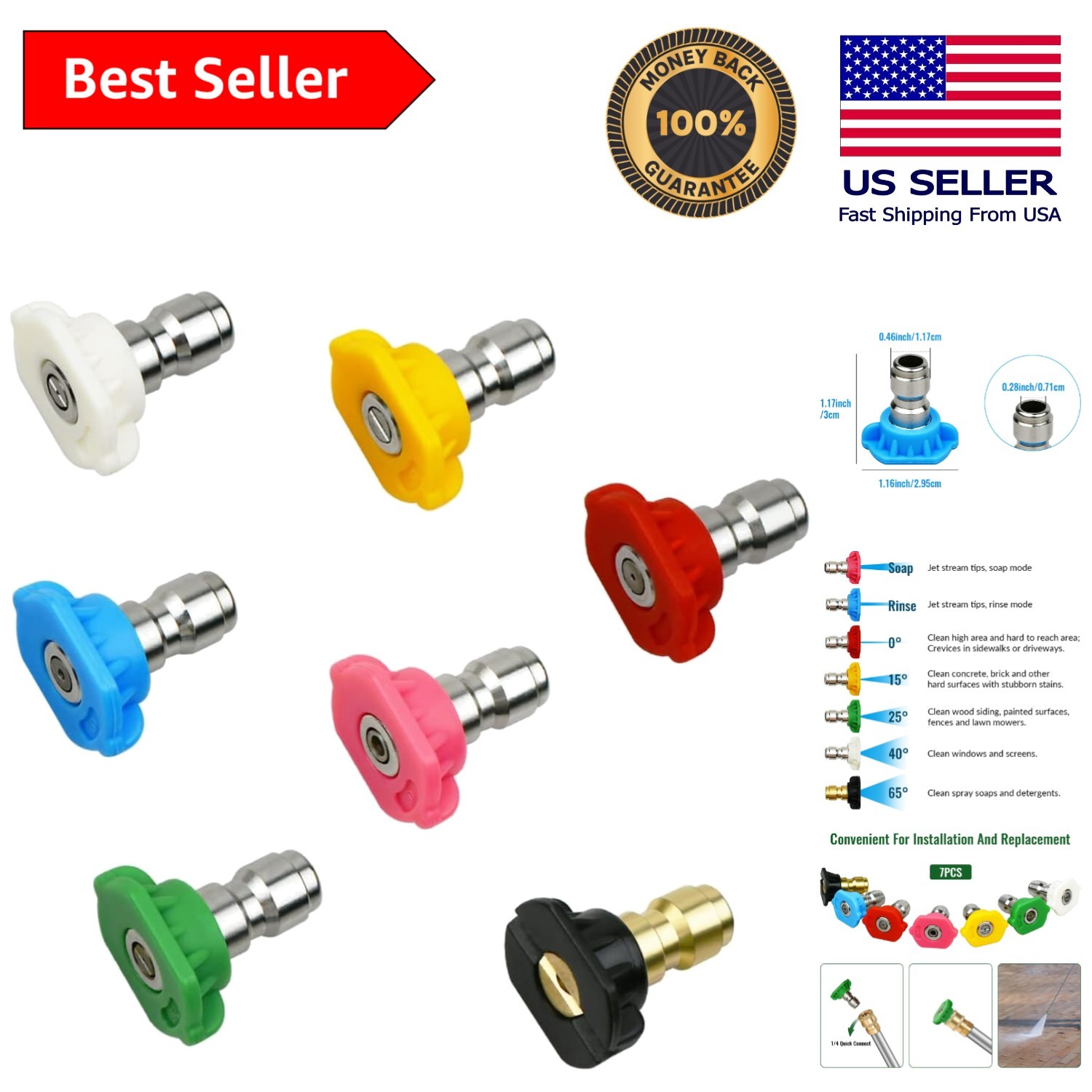 Color-Coded 7 Nozzle Pressure Washer Tips Set – Durable Stainless Steel Design