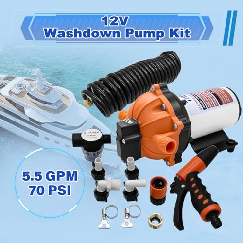 Upgraded 5.5 GPM 70 PSI Washdown Deck Wash Pump 12V RV Fresh Washdown Pump Kit
