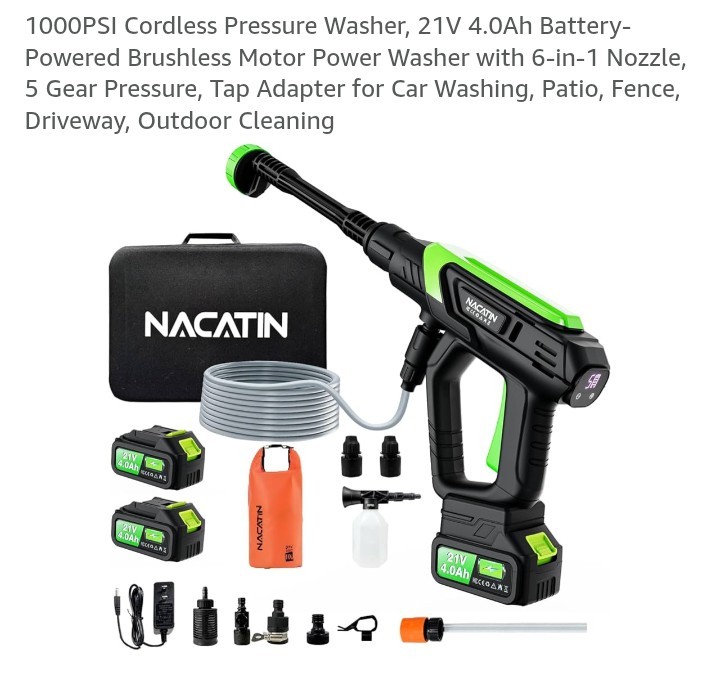 1000PSI Cordless Pressure Washer, 21V 4.0Ah Battery-Powered Brushless Motor Powe