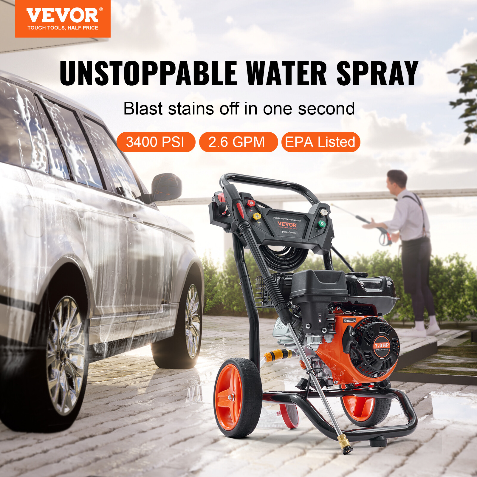 VEVOR Gas Pressure Washer Powered Washer 3400 PSI 2.6 GPM 210cc 5Connect Nozzles
