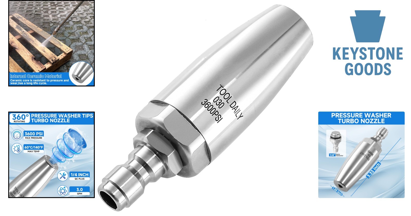 Stainless Steel Turbo Nozzle for Pressure Washers – 3600 PSI, 3 GPM, 360° Rot…