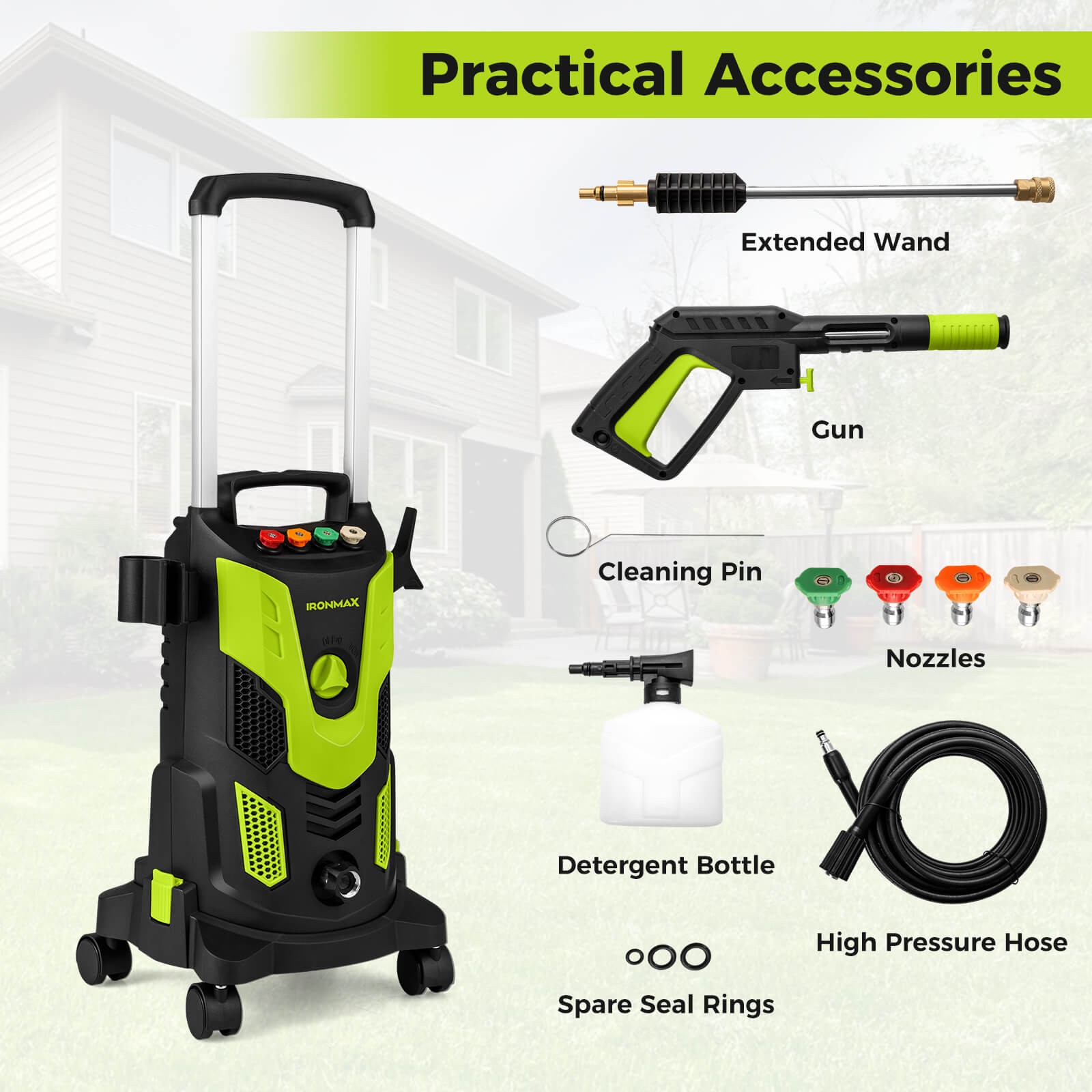 Electric Pressure Washer w/ 4 Nozzles & Soap Bottle Lockable Wheels for Cleaning