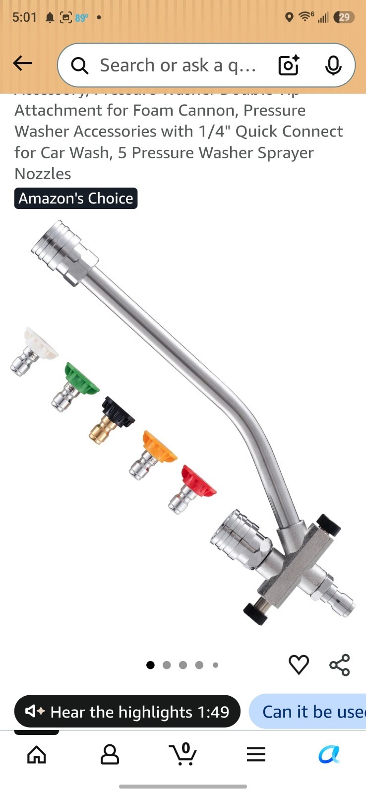 Foam Cannon Dual-Connector Attachment for Pressure Washer, 5 Nozzles, Car Wash
