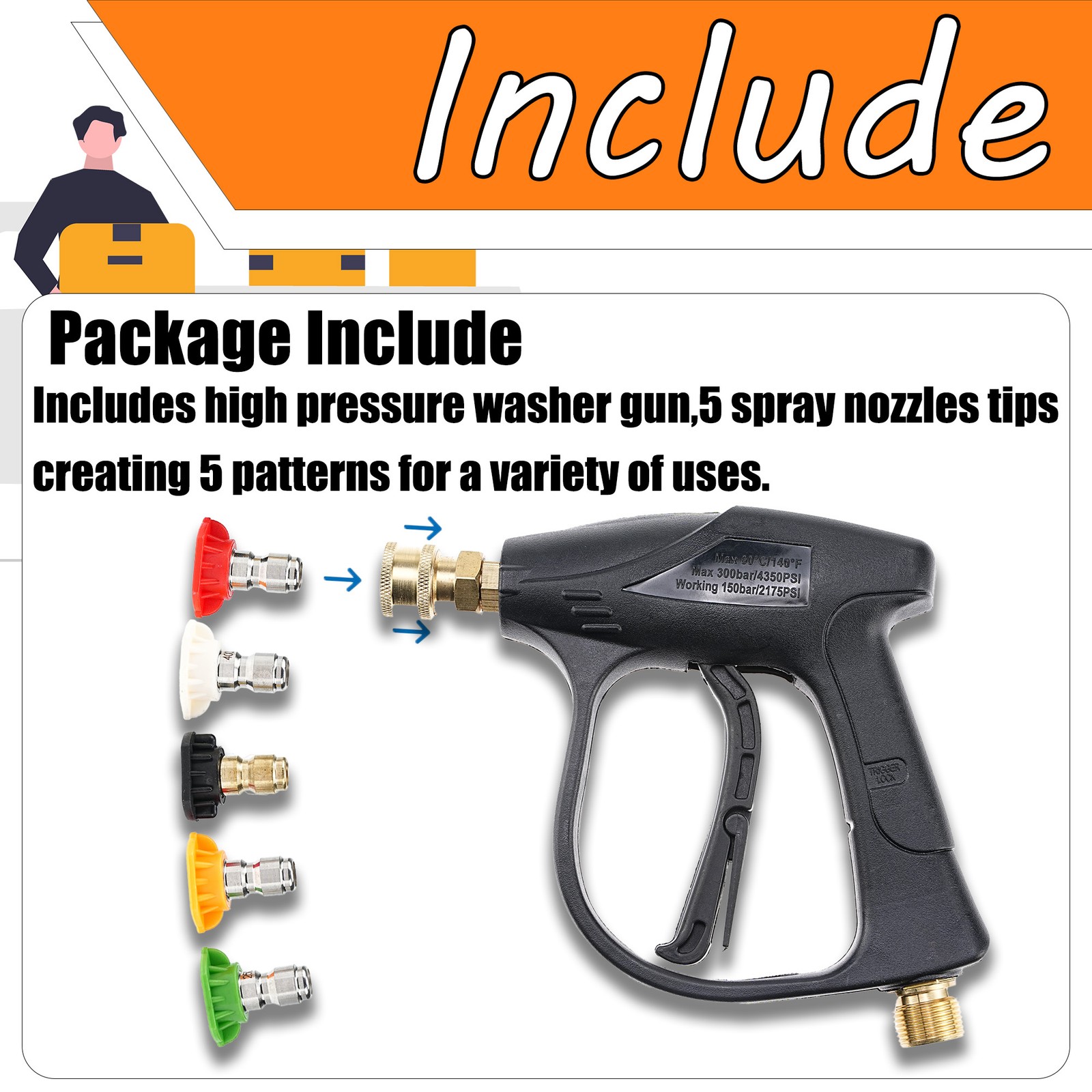 High Pressure Washer Gun 3000 PSI Max with 5 Color Quick Connect Nozzles