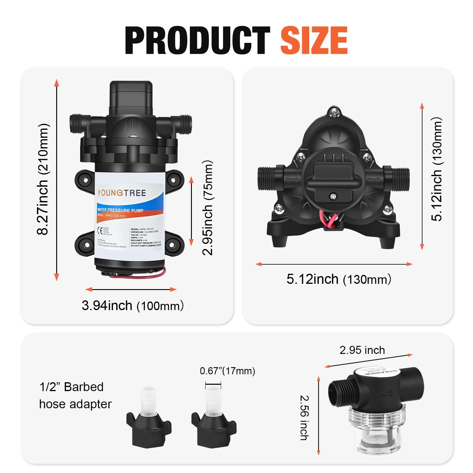 YOUNGTREE 12V DC RV Water Diaphragm Pump 3.5 GPM 45PSI, 12Volt Self-Priming F…