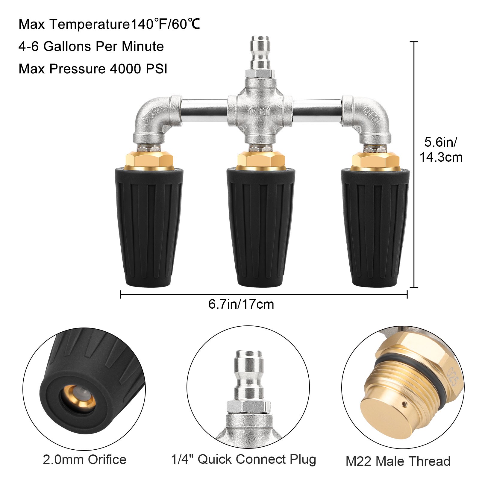 Triple Turbo Nozzle Pressure Washer 360° Rotating 1/4″ Quick Connector 4000 PSI