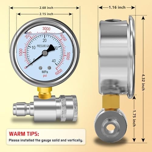 Pressure Washer Gauge Kit, Pressure Gauge for Power Washer with 3/8inch Quick Co