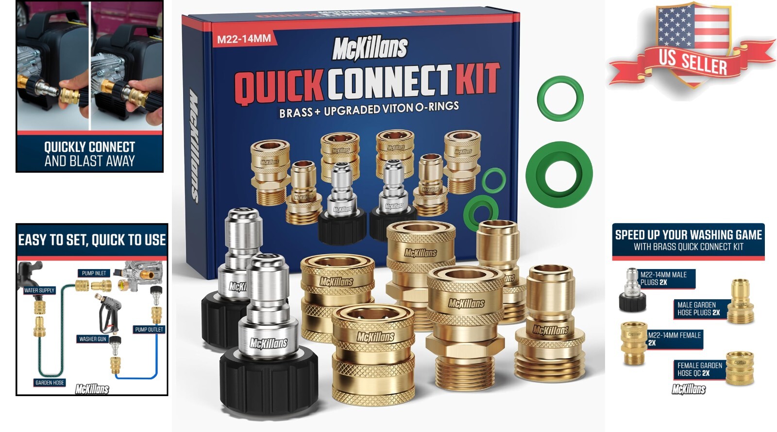Brass Pressure Washer Quick Connect Kit, M22-14mm to 3/8″ – Complete Solution