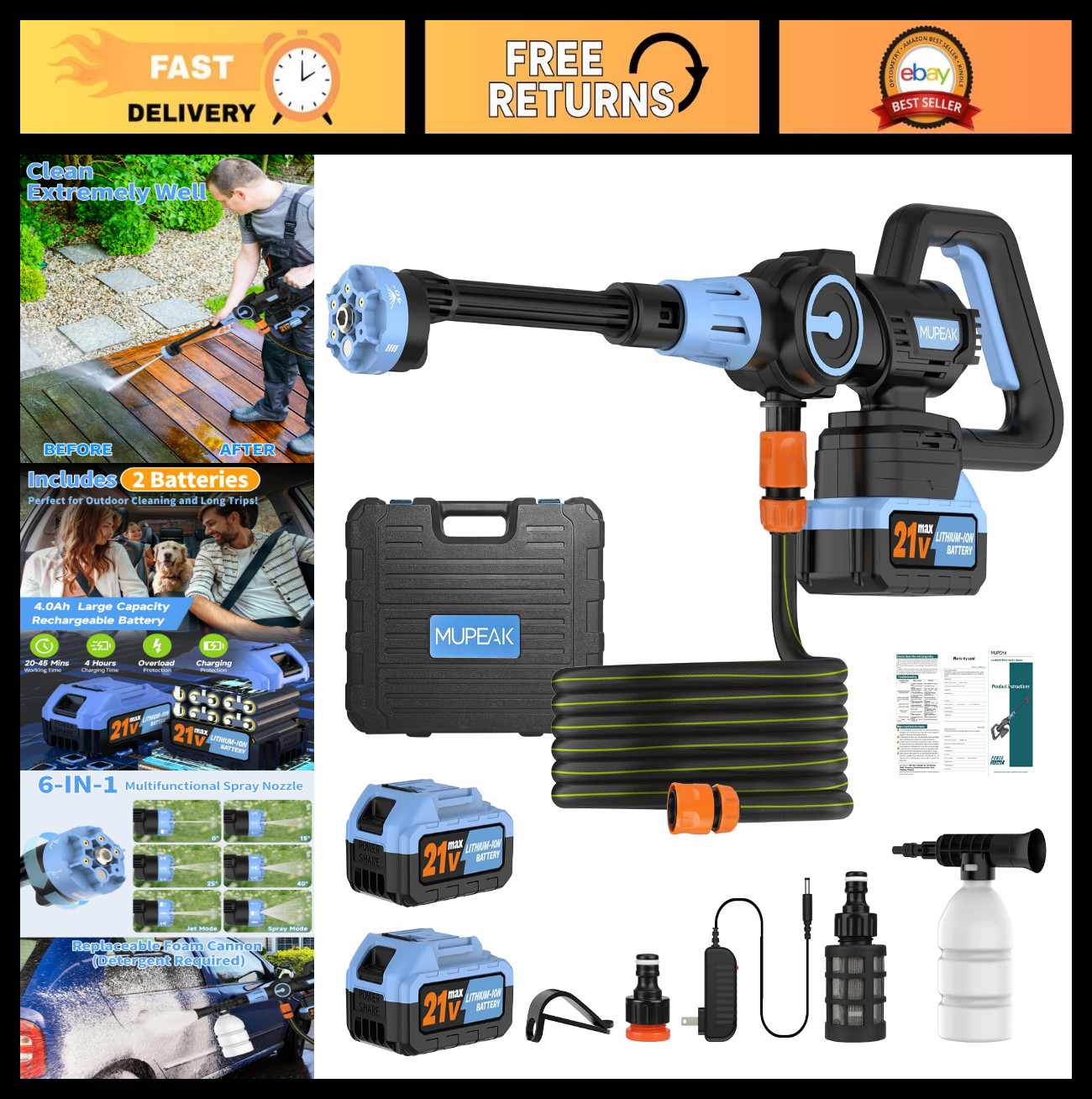 Cordless Brushless Pressure Washer 1500PSI, 2 Batteries, 6-in-1 Nozzle, 21V Port