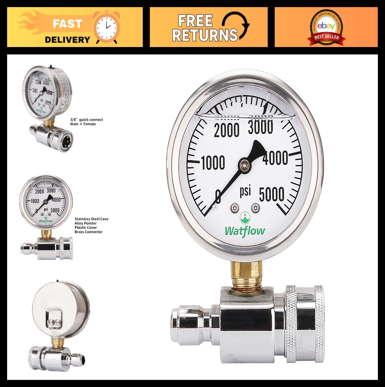 2.5″ Pressure Washer Gauge Kit, 3/8″ Quick Connect, 0-5000 PSI, Liquid Filled