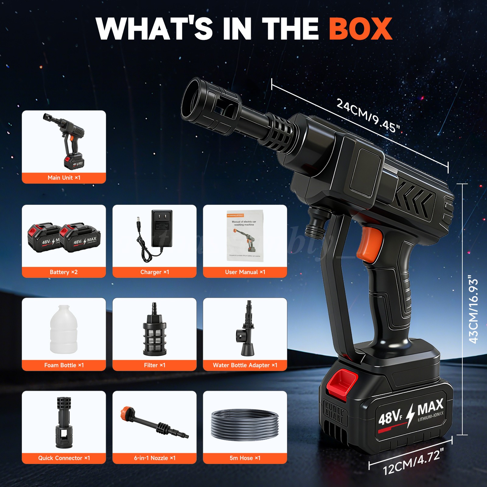 900PSI Cordless Pressure Washer Handheld Car Wash Gun 6-in-1 Nozzle 16.4FT Hose